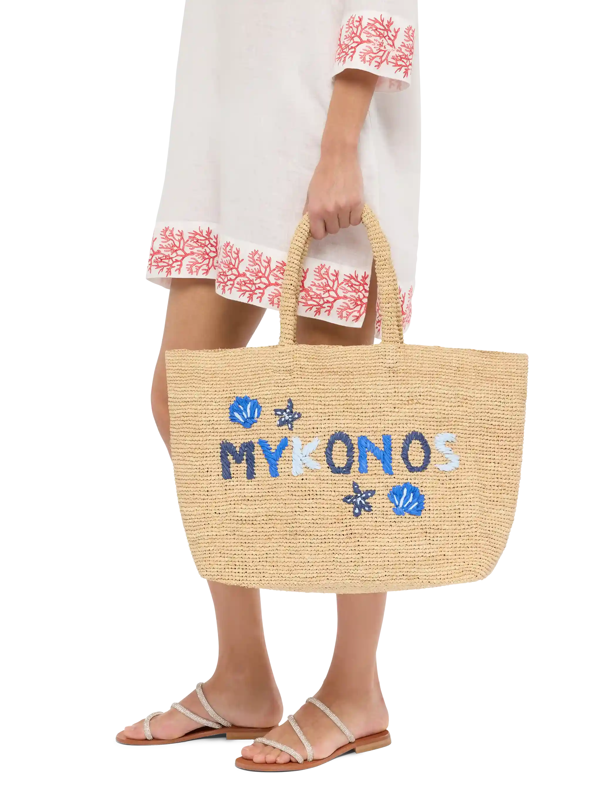 Beige Raffia Beach bag with cotton pouch and Mykonos embroidery - Image 2