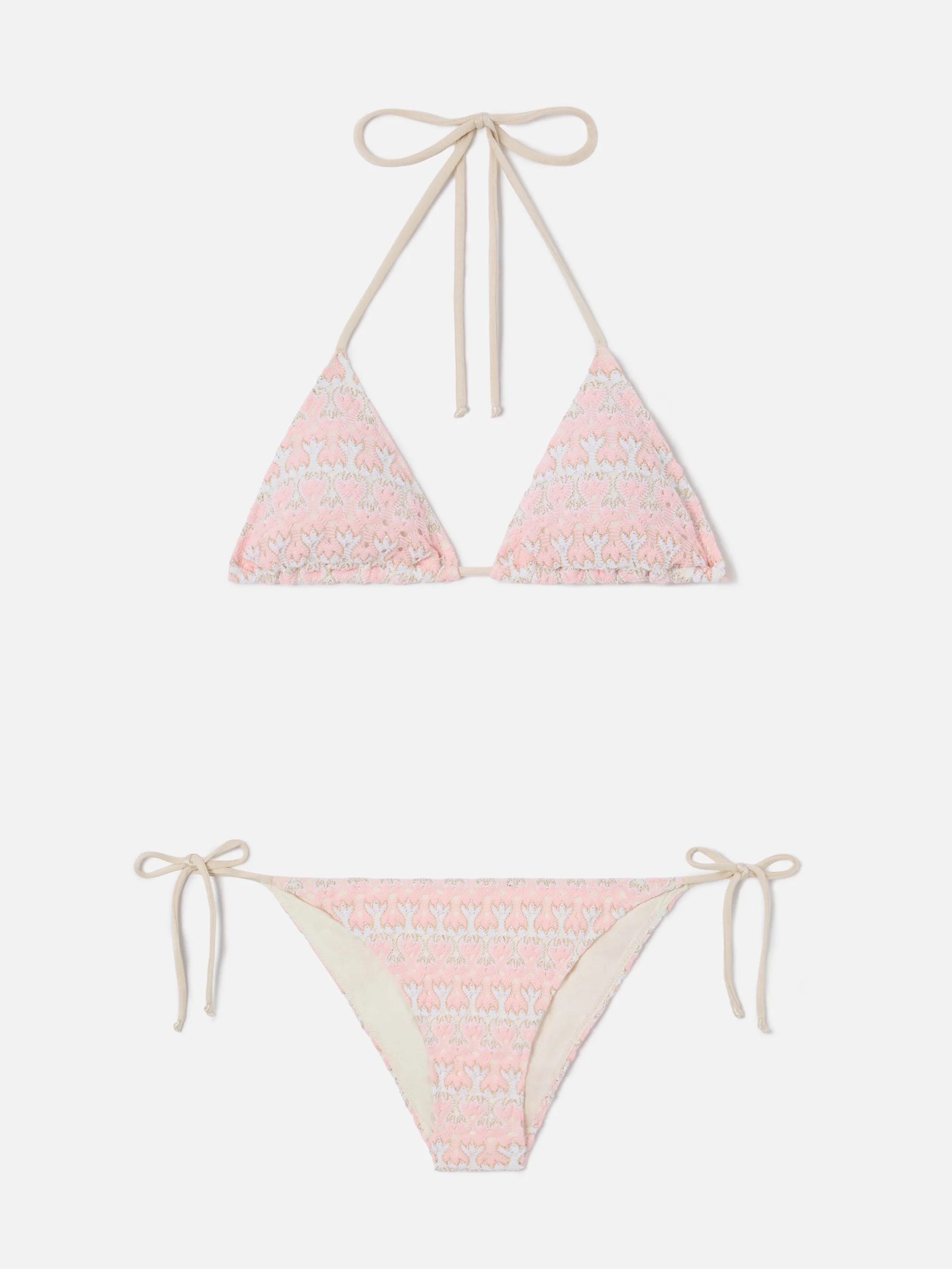 Bikini Levyne triangle in raschel fabric with pink and cream floral print