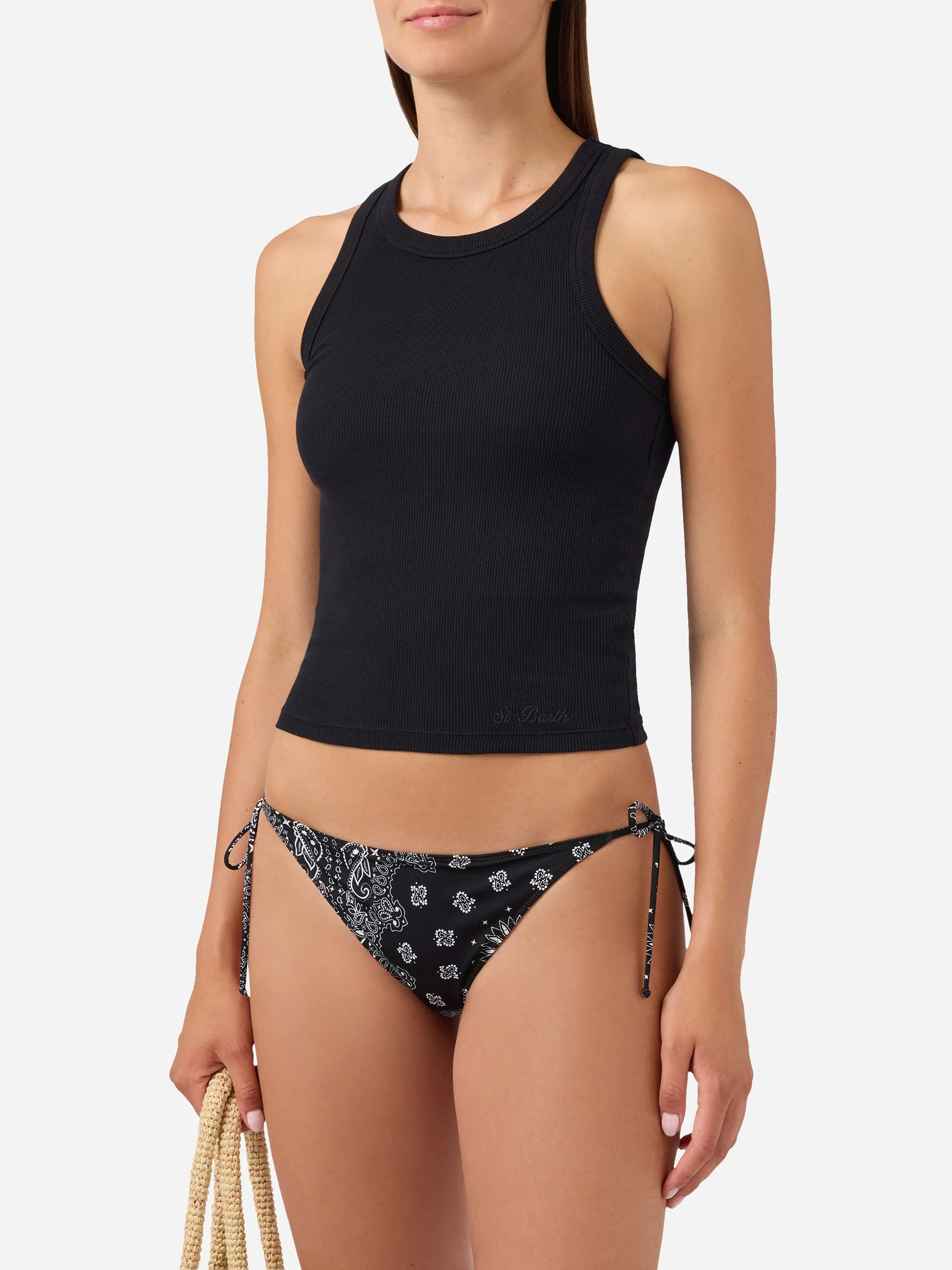 Black ribbed Ada tank top with embroidery