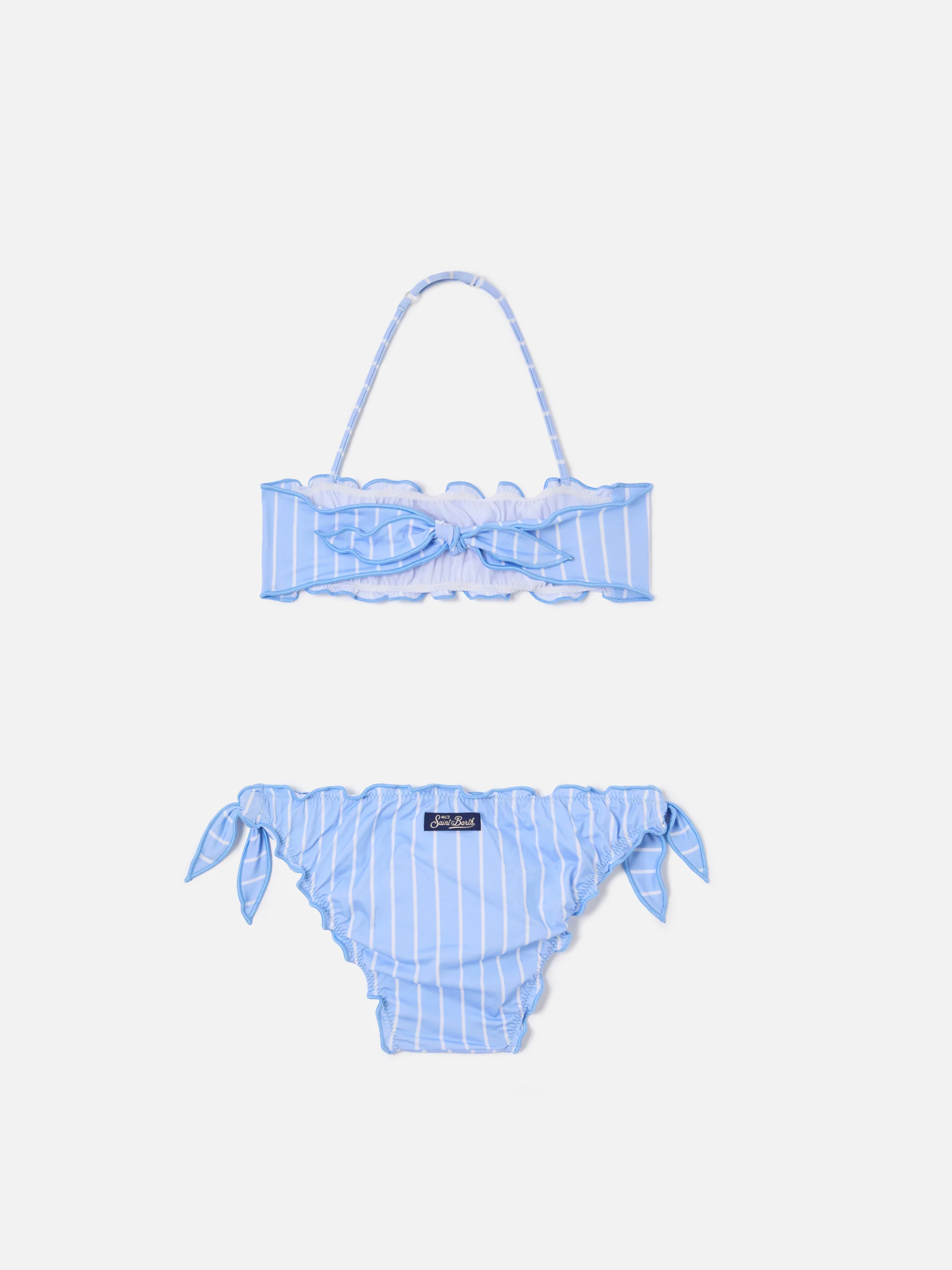 Emy light blue and white striped bikini with ruffled edges - Image 2