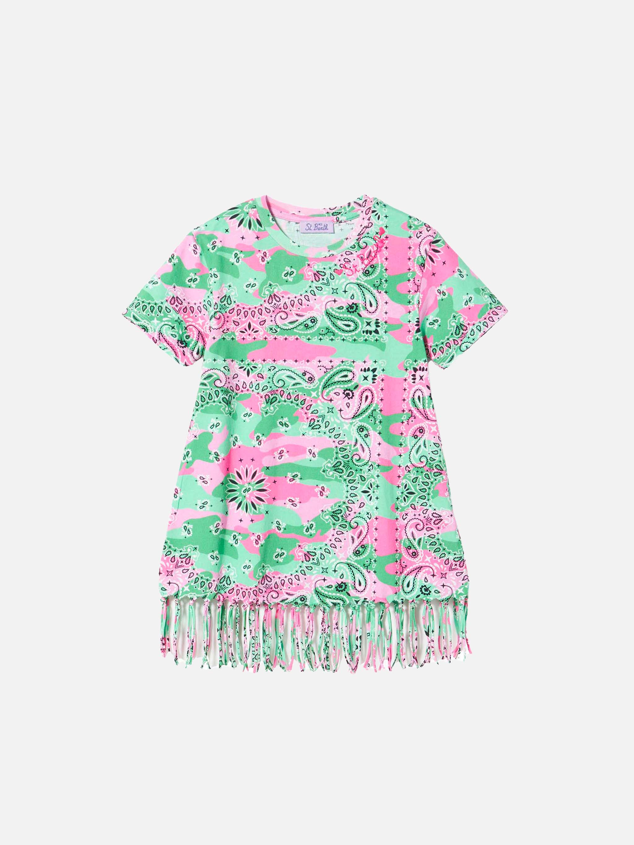 Girl mimetic cotton dress with fringes