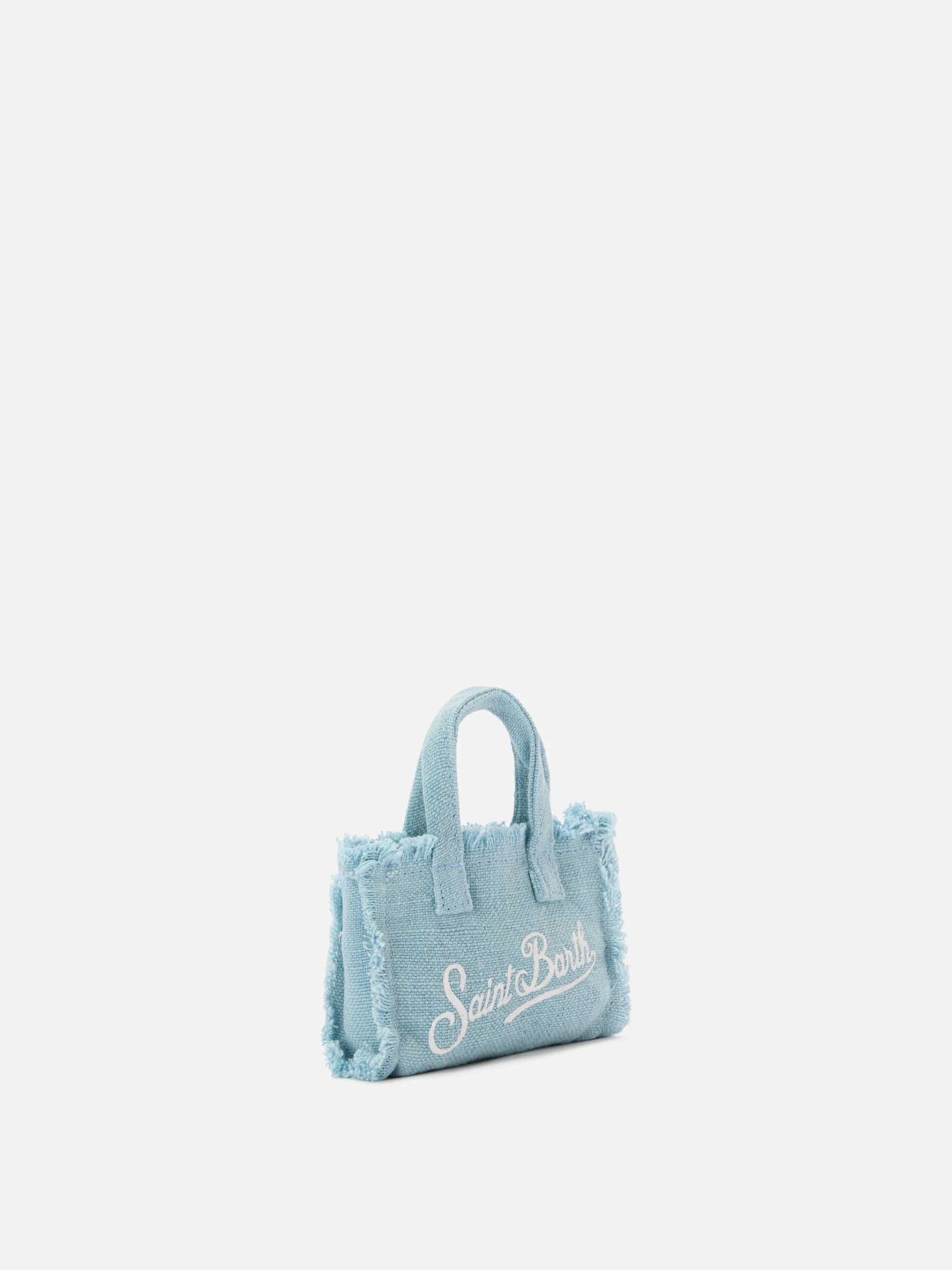 Light blue linen mini bag–shaped keychain with printed logo - Image 2