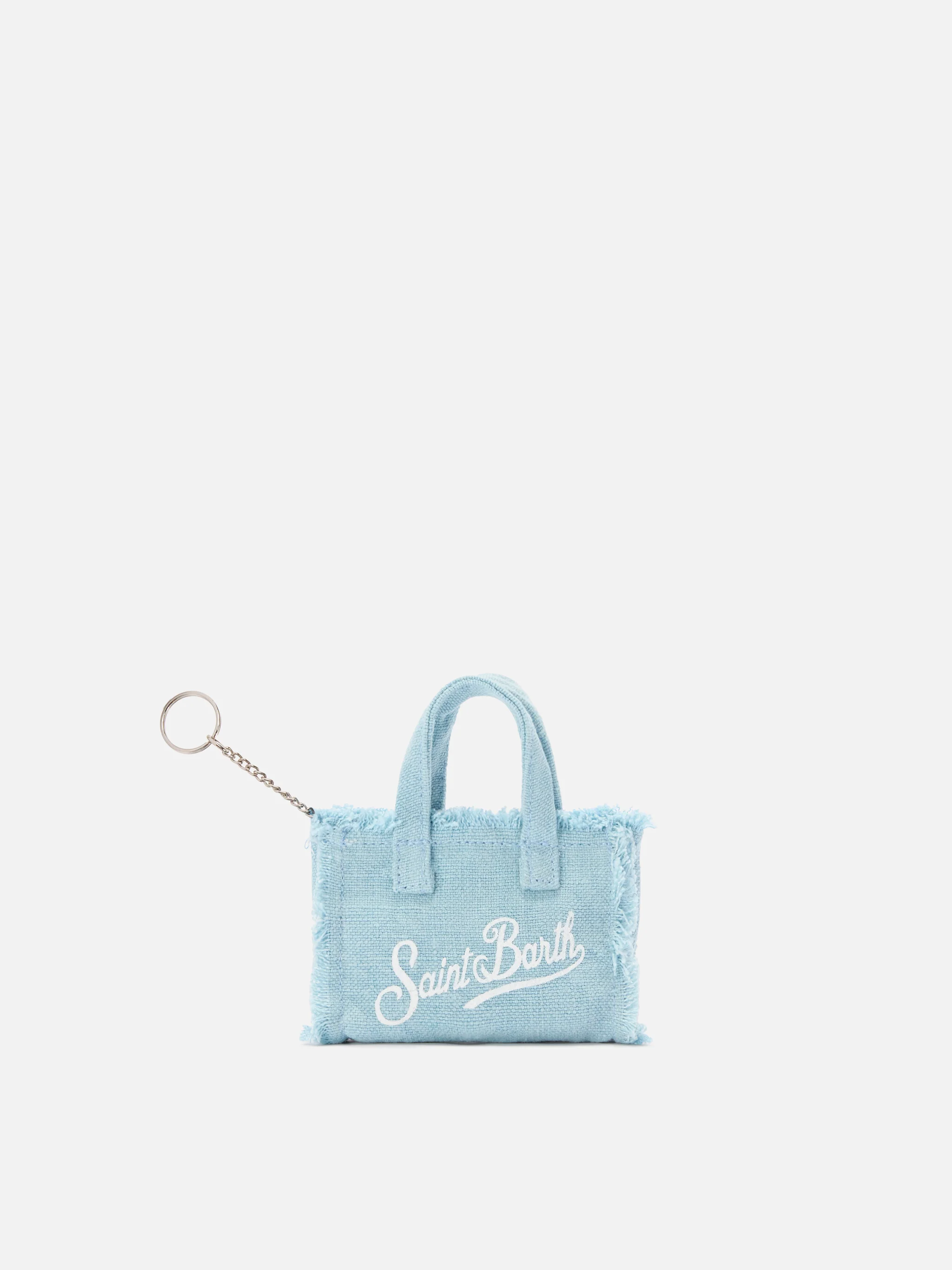 Light blue linen mini bag–shaped keychain with printed logo - Image 3
