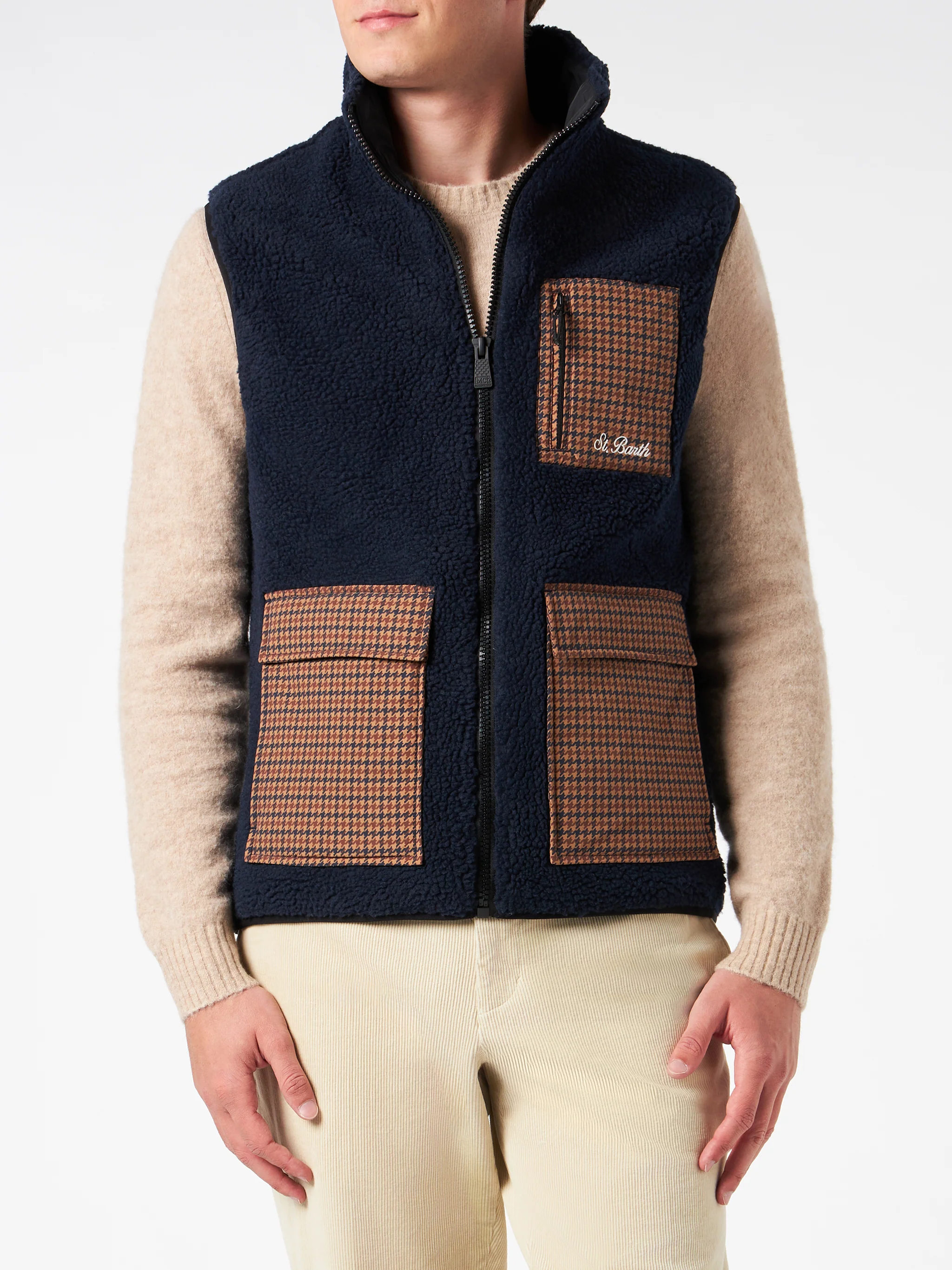 Wanaka blue sherpa vest with check pockets