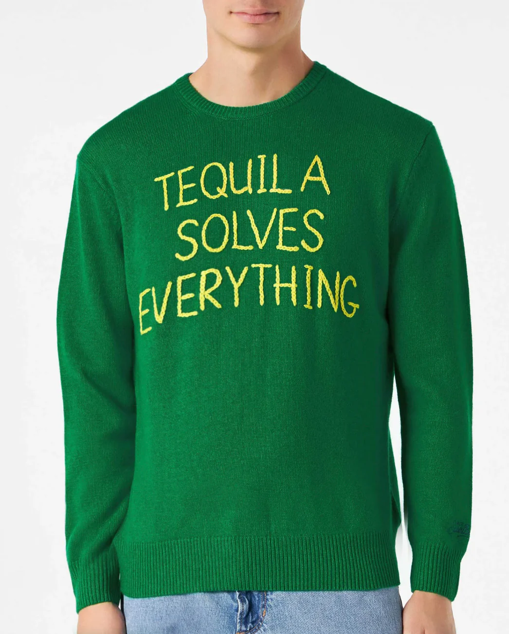 Crewneck sweater with Tequila solves everything embroidery
