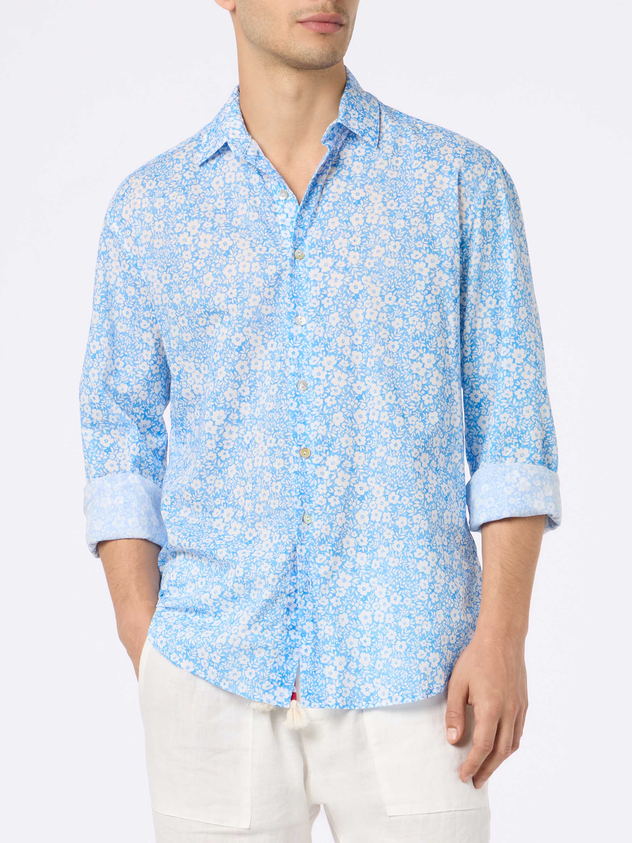 Sikelia multicolor micro flower print cotton muslin shirt
