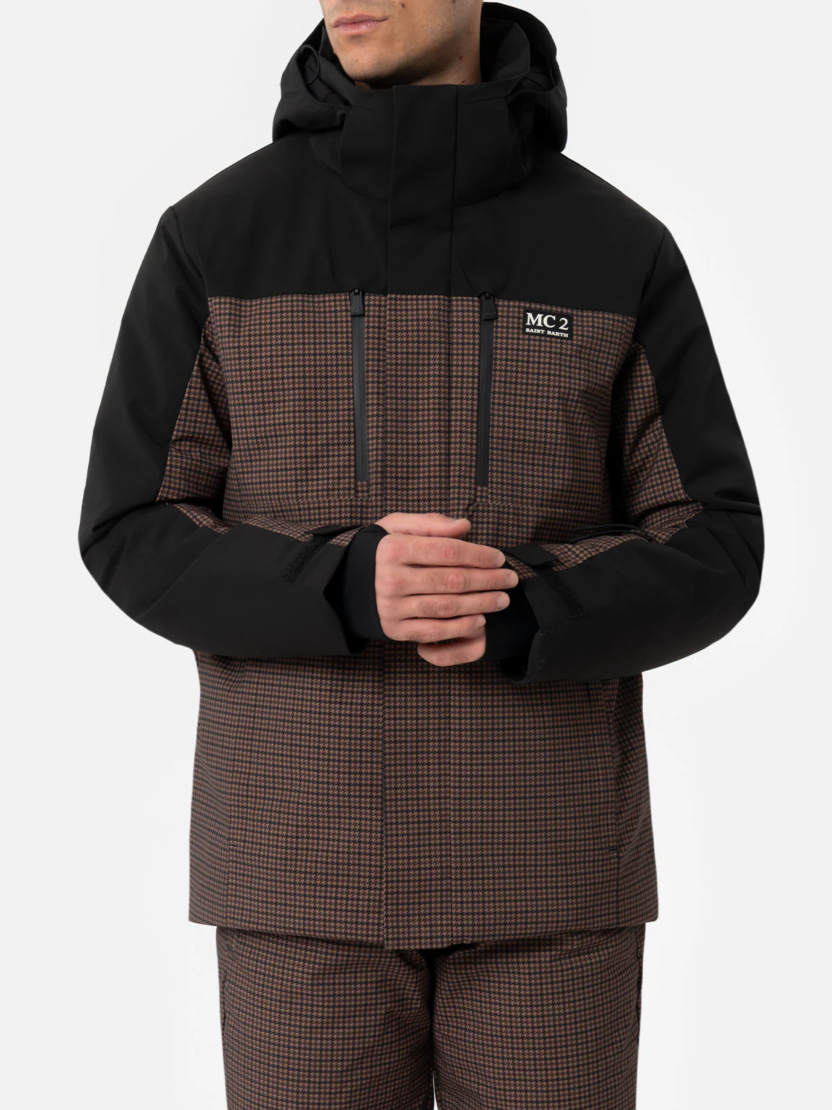 Greatscott technical fabric jacket with pied de poule pattern and Recco® technology