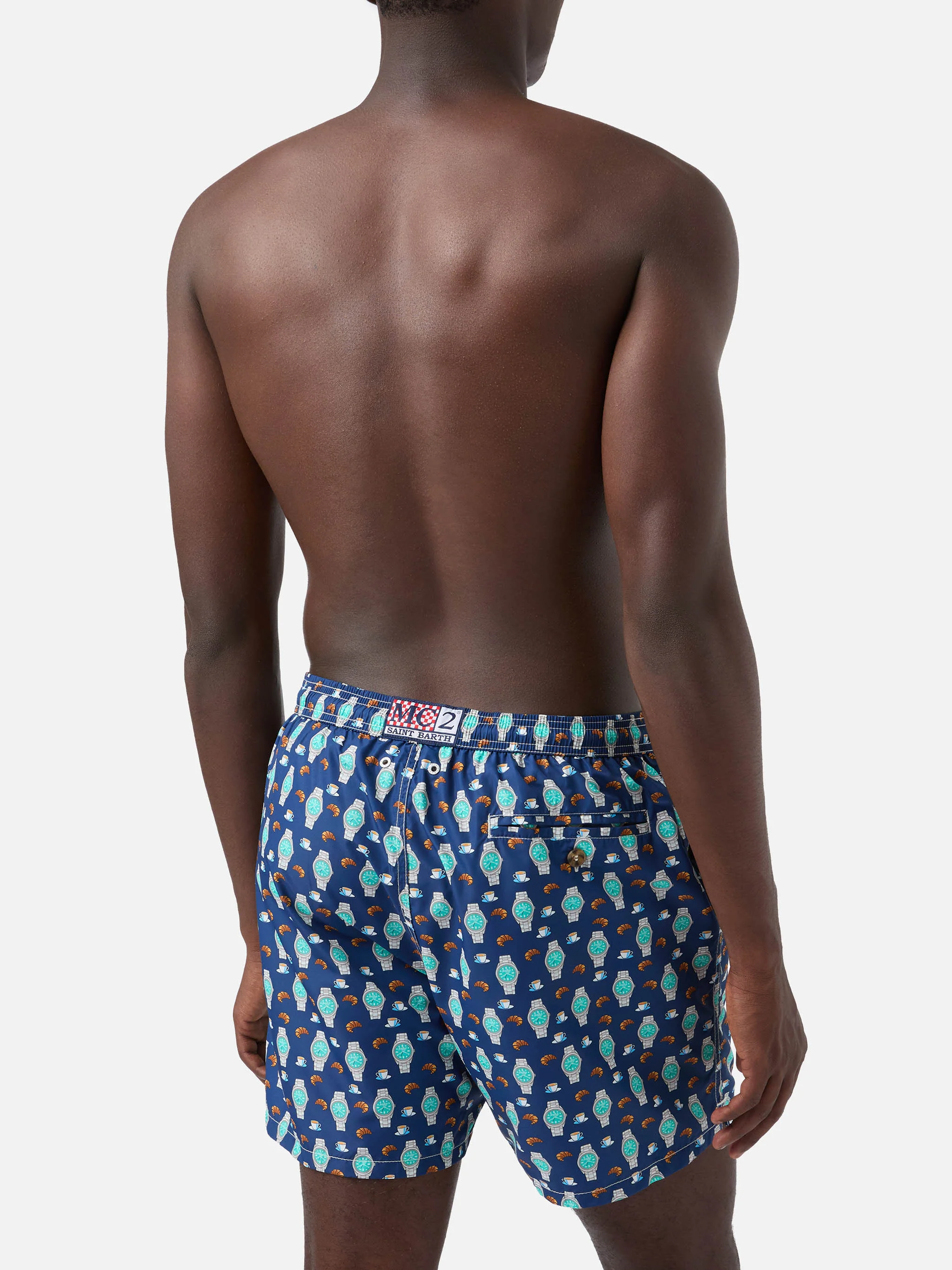 Navy Lighting Micro swim shorts with breakfast watch print - Image 5