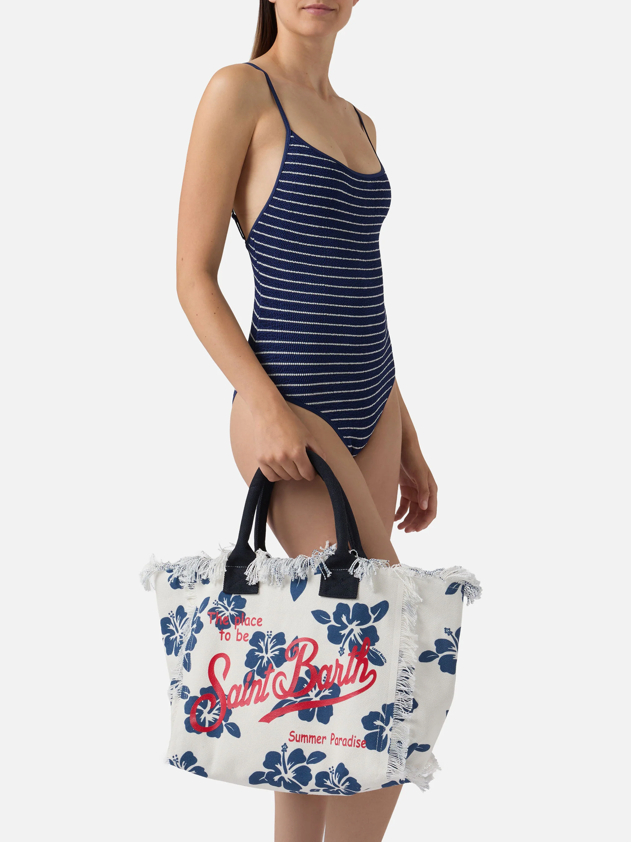 White canvas Vanity regular bag with hibiscus print - Image 2